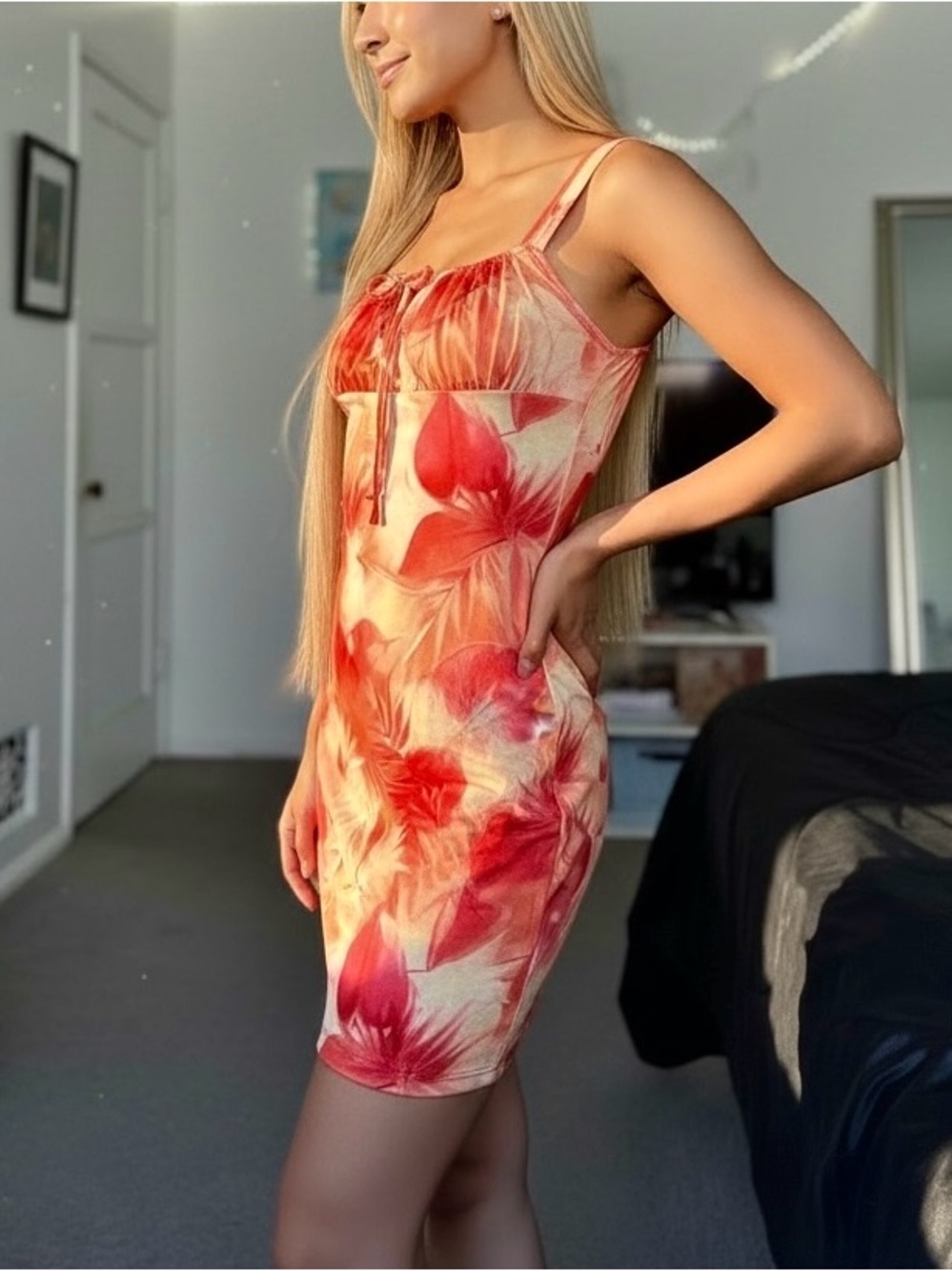Floral Tie-Dye Bodycon Dress - Orange/Pink